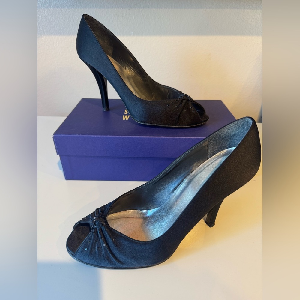 Vintage Stuart Weitzman Black Satin Peep-Toe Heels